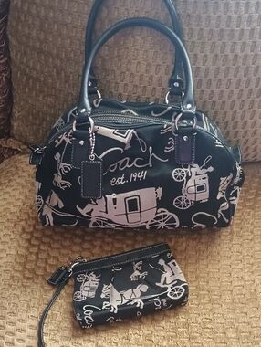 Coach Black Satchel with Cream Carriage Print and Matching Wristlet